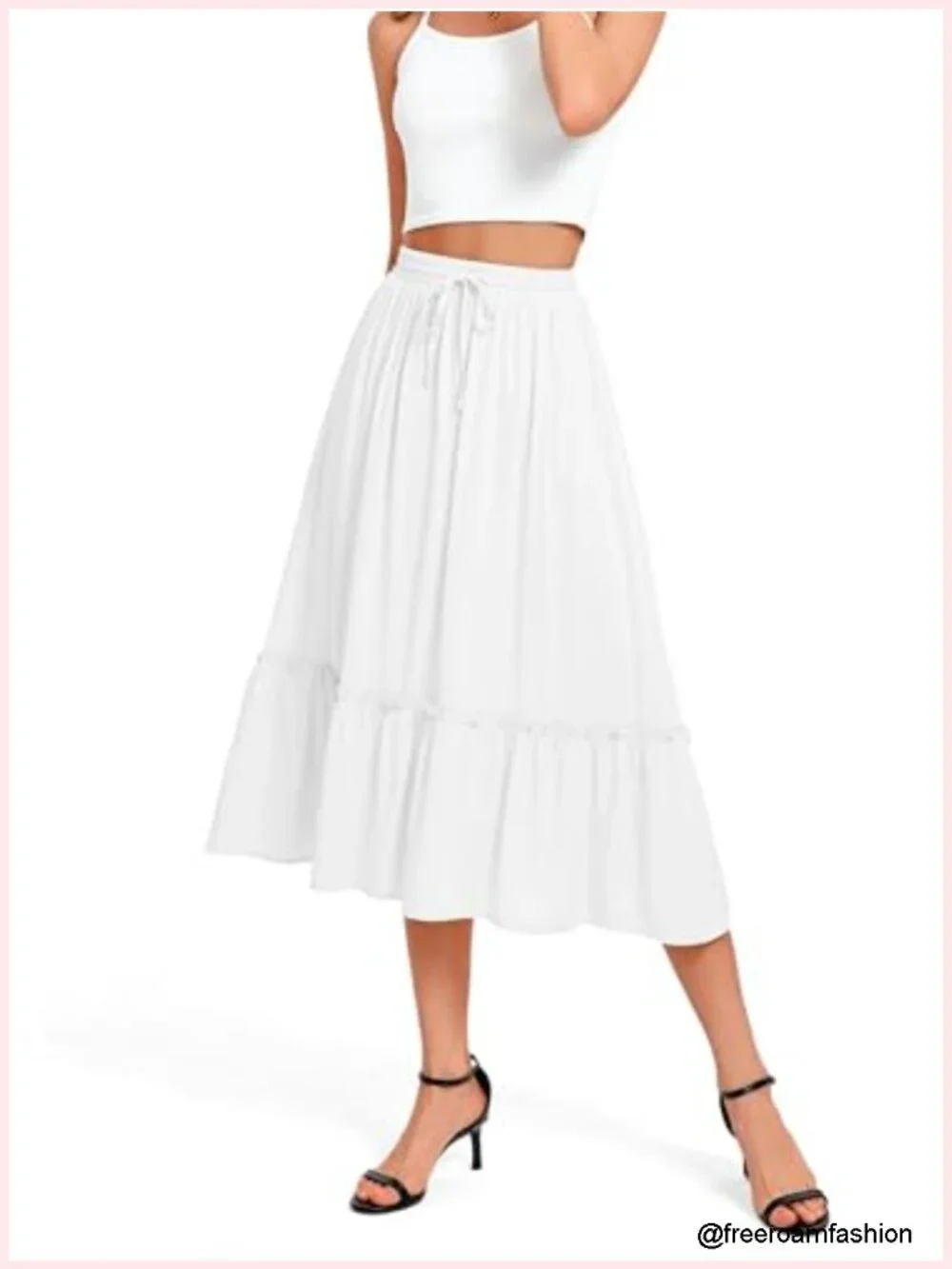 Elastic Waist Flowy A-Line Midi Skirt with Pockets 100% Rayon
